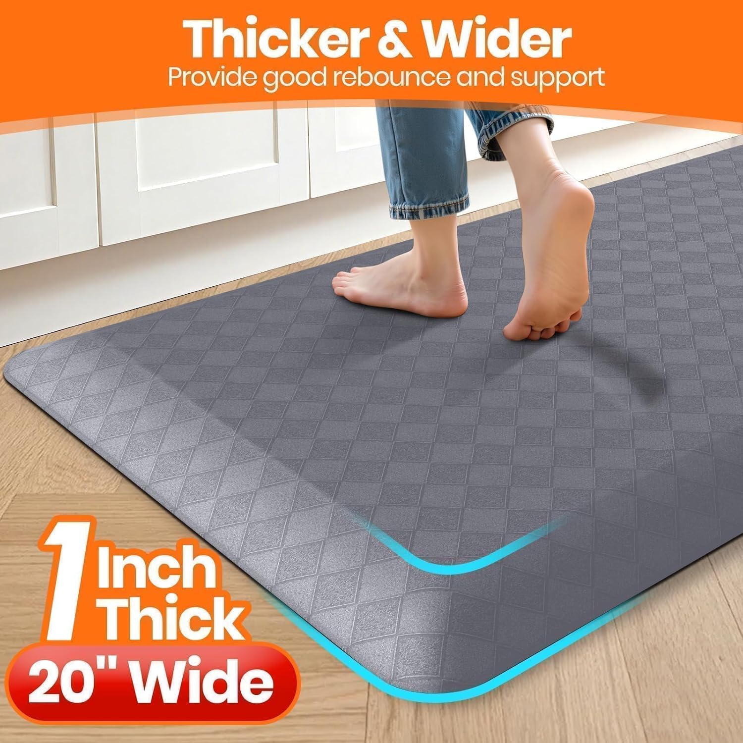 StepRite 1” Thick Kitchen Mats for Floor, Anti Fatigue Kitchen Rugs, Non-Slip,Heavy Duty Water Resistant Kitchen Rug, Standing Desk Mat for Friends, Family, Home, Kitchen, Office (72" x 20", Grey)