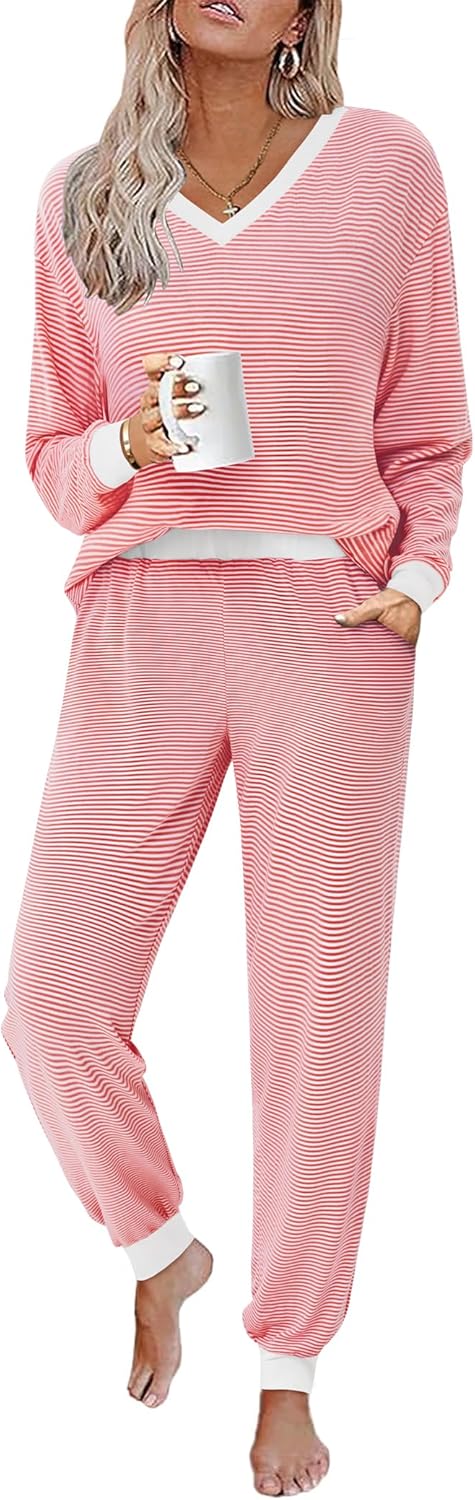 JUSTFASHIONNOW Women's Pajama Sets 2 Piece Striped Lounge Sets Long Sleeve Top and Pants Soft Sleepwear Pjs 2025 Fall Outfits