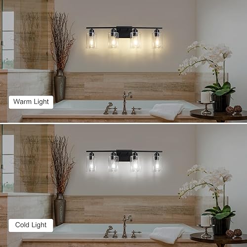 Miniatura 6 de Lámparas de baño negras, 4 luces de tocador de baño para baño, luces de baño negras sobre espejo de pared, apliques de luz con pantalla de vidrio