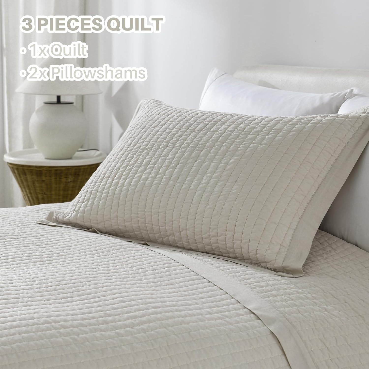 PANGUSHAN Quilt Set Queen Size, 100% Cotton Quilt Bedding Set Bedspread, Pick-Stitch Handcrafted Solid Color Chic Lightweight Quilted Comforter for Queen Bed, Light Beige, All Season, 3 Pieces