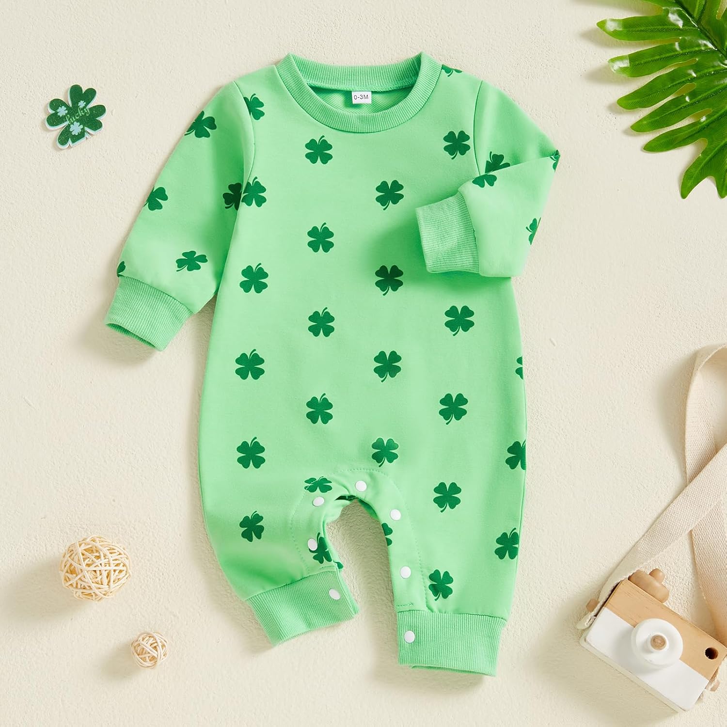 Muasaaluxi Newborn Baby Girl Boy St Patricks Day Outfit Four Leaf Clover Romper Long Sleeve Bodysuit Jumpsuit 0-18M - Image 6