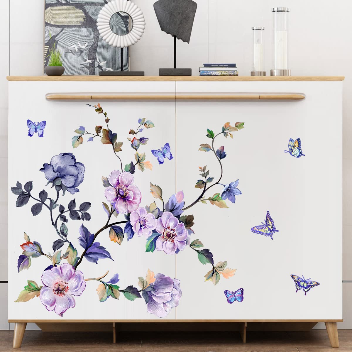 Romantico acquerello floreale decalcomania da parete bouquet viola adesivo da parete fai da te rimovibile Peel and Stick fiore arte murale per soggiorno camera da letto comodino ingresso studio