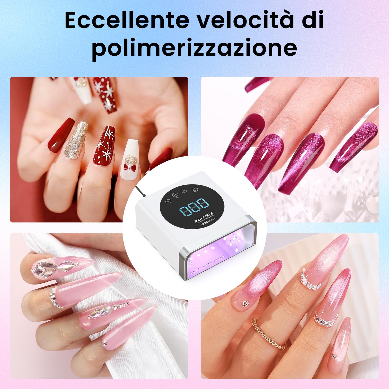 NAILGIRLS Lampada LED UV Professionale per Unghie, Ricaricabile Senza Fili, 150W, 4 Modalità Timer,Sensore Automatico, Professionale Fornetto Unghie Semipermanente per Gel e Semipermanente