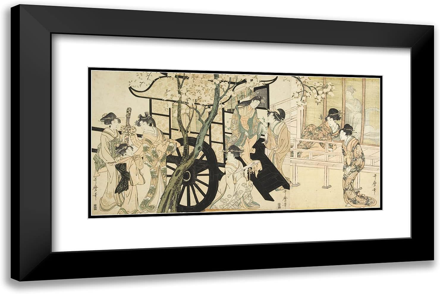 ArtDirect Utamaro, Kitagawa 24x16 Gold Ornate Framed Art Print with Double Matting Titled: Lady Descending From a Court Carriage