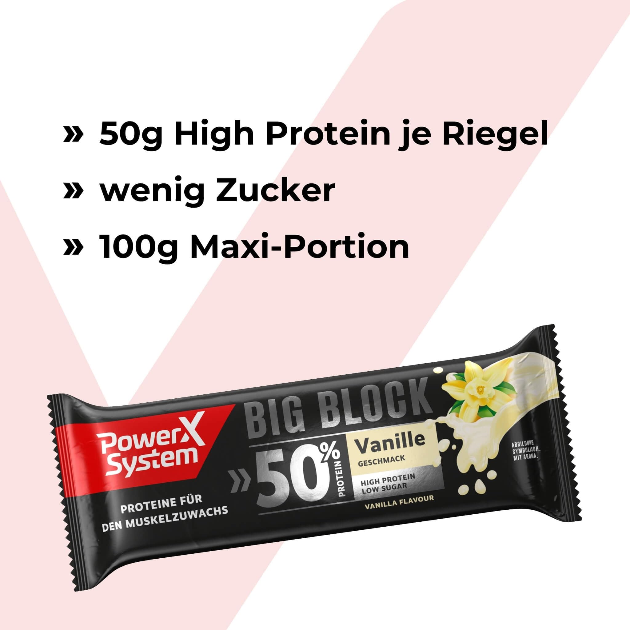 Power System Big Block Vanille, 50 g Protein pro Eiweißriegel, 16 x 100g | Proteinriegel mit 50 % Eiweiß und wenig Zucker, für den Muskelaufbau, Maxi-Portion