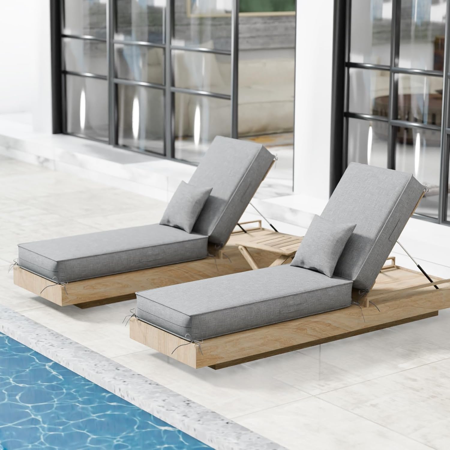 Chaise Lounge Cushions Outdoor Set of 2, 72x21x6 Inch Olefin Waterproof and Fade Resistant Patio Furniture Lounge Chair Cushions with Removable Cover, Lounger Pad with Handle & 16 Straps, Light Gray