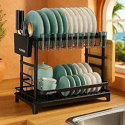 Escorredor de Louça Inox de 2 Níveis ALENKO Preto com Suporte para Talheres Tábua Copos e Pratos Drenagem Automática Escorredor de Louça Inox Compacto Moderno