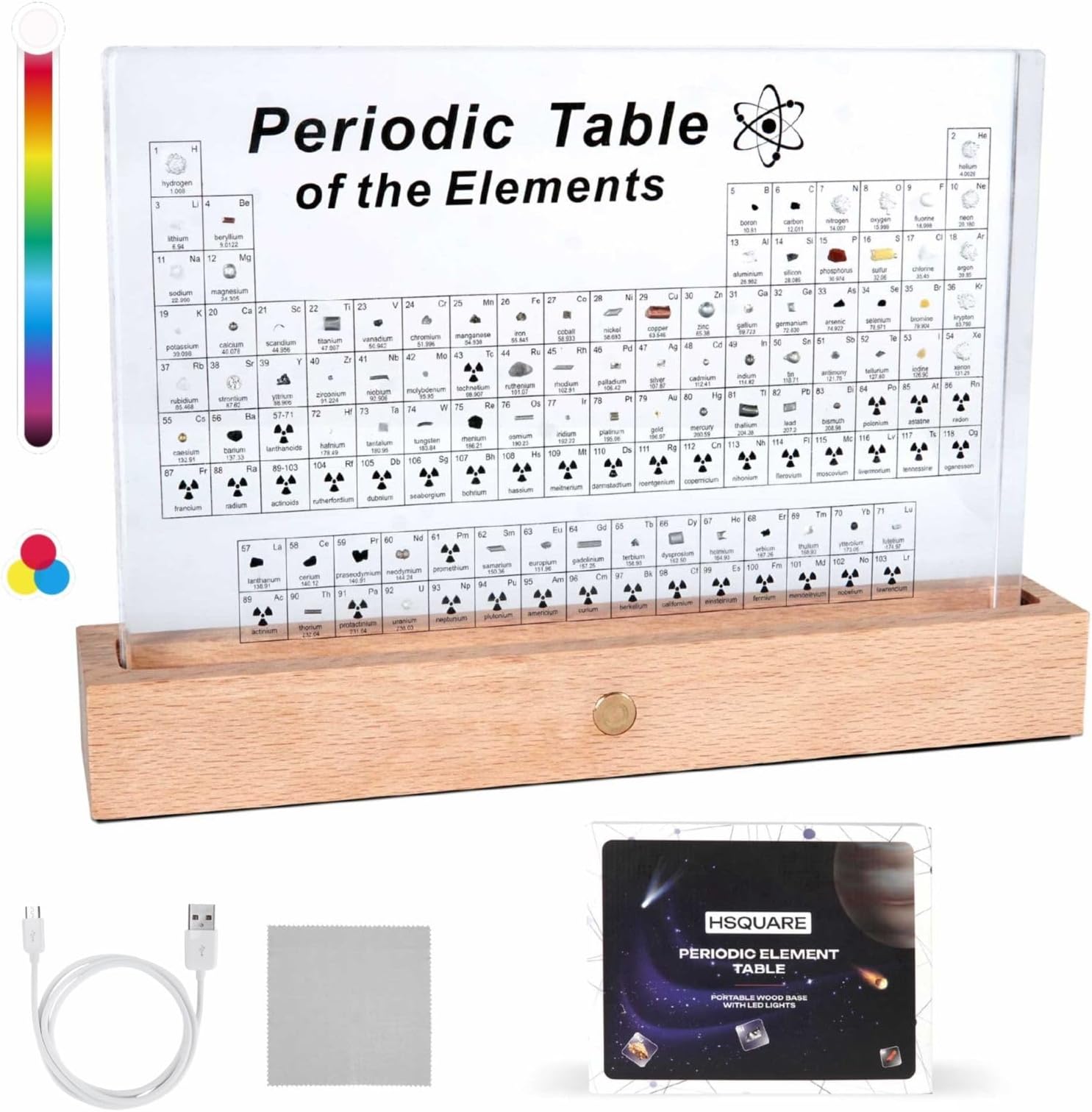 Large Periodic Table with Real Elements Inside - 9x6.84 Inch Enhanced Acrylic Display, Wireless LED Base, Educational E-Book, Perfect Science Gift for Enthusiasts, Teachers, and Students