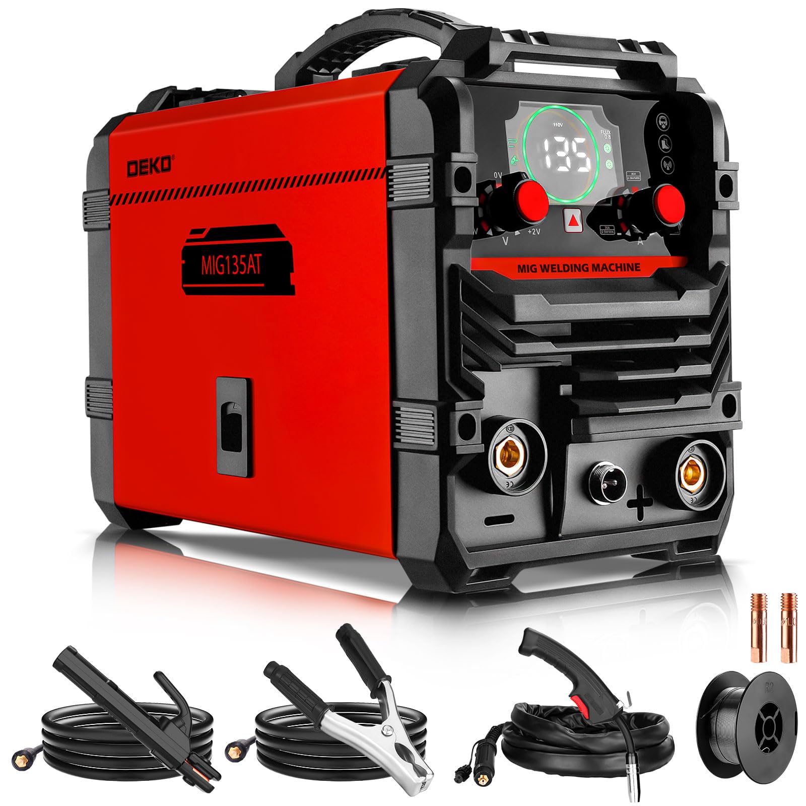 Soldador MIG 135A: DEKO 220V soldador por arco con inversor IGBT tres en uno con alambre con núcleo de flux, kit portátil, adecuado para usuarios domésticos y aficionados al bricolaje