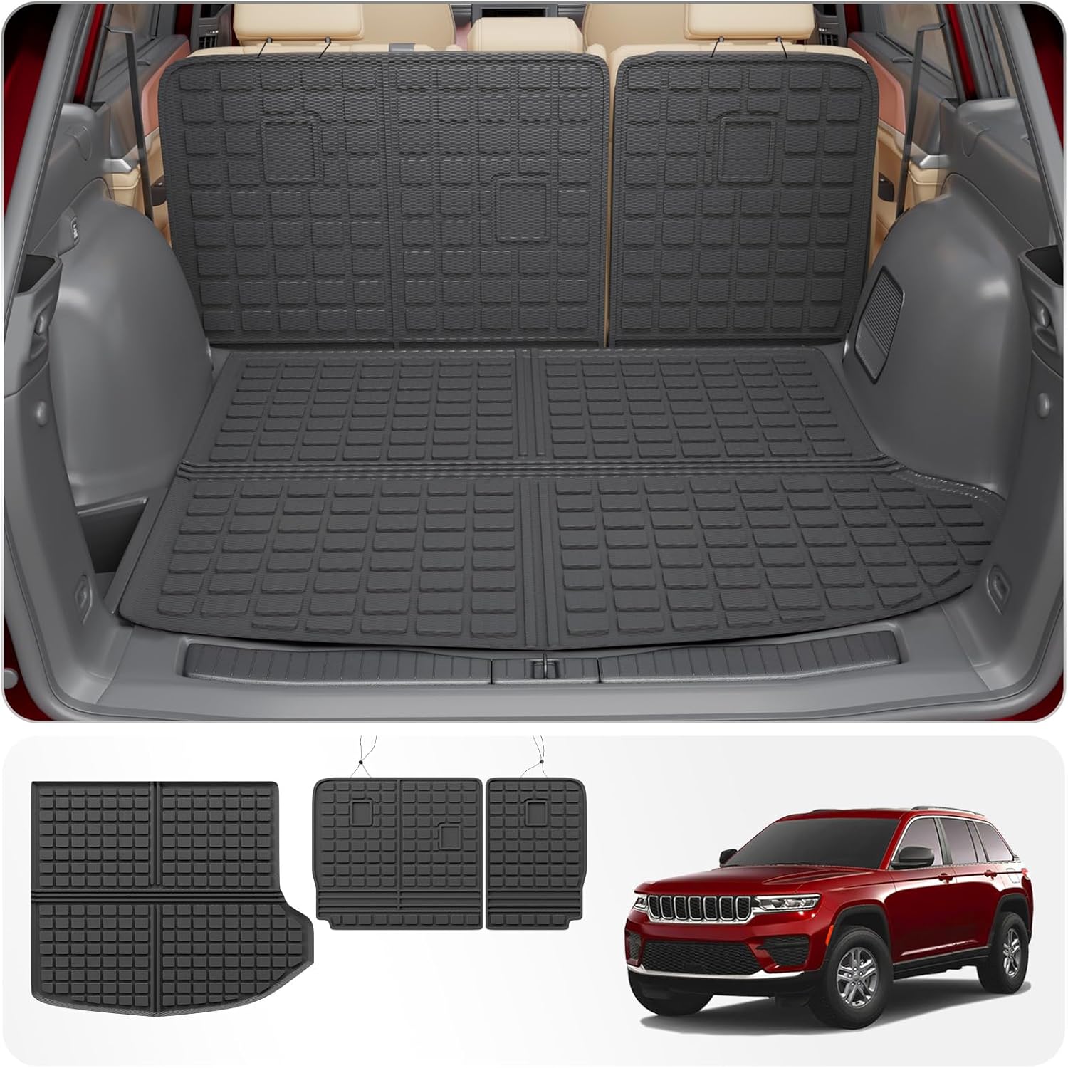 Cargo Mat Compatible with 2022-2025 Jeep Grand Cherokee (Not Fit L or WK) Cargo Liner Back Seat Cover Protector 2024 Grand Cherokee Accessories (Fit 5 Seats,Trunk Mat+Backrest Mats)