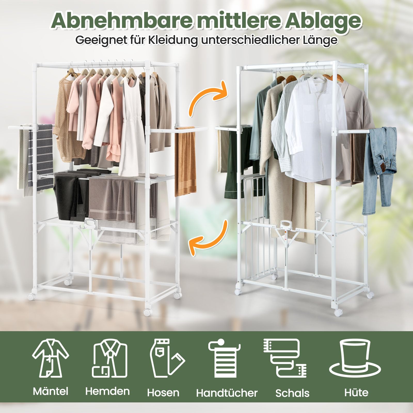 COSTWAY Klappbarer Wäscheständer, Wäschetrockner Alu mit Aufhängevorrichtungen & Trockengestellen, Universalrollen mit Bremse, Kleiderständer platzsparend für Innen- & Außenbereich, Weiß