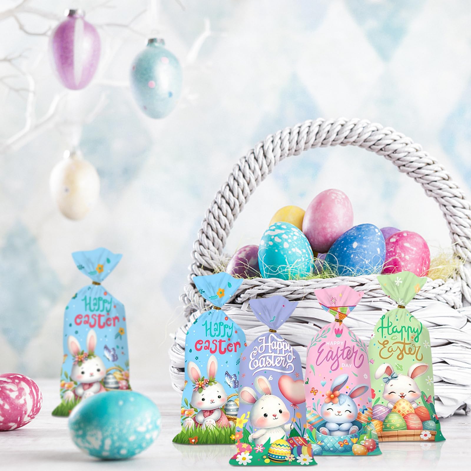 50 Oster-Geschenktüten Aus Zellophan – 4 Designs, Mit Bändern, 27,9x13,5 Cm