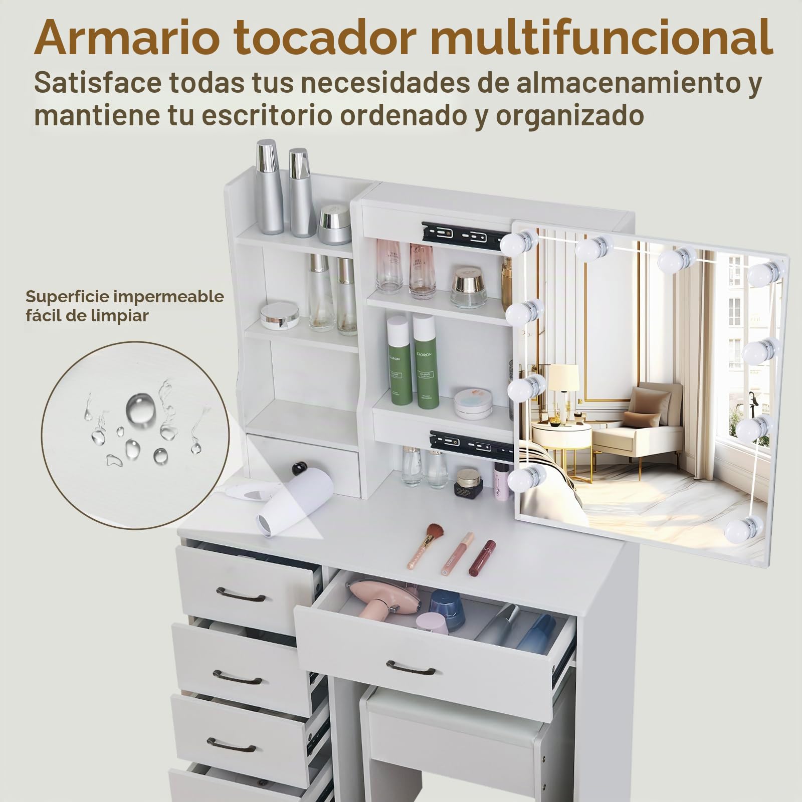 Mesita de Maquillaje con iluminación LED y Espejo, mesita de Maquillaje para cosméticos y Maquillaje, mesita de Maquillaje con 3 Colores de Brillo ajustable-56