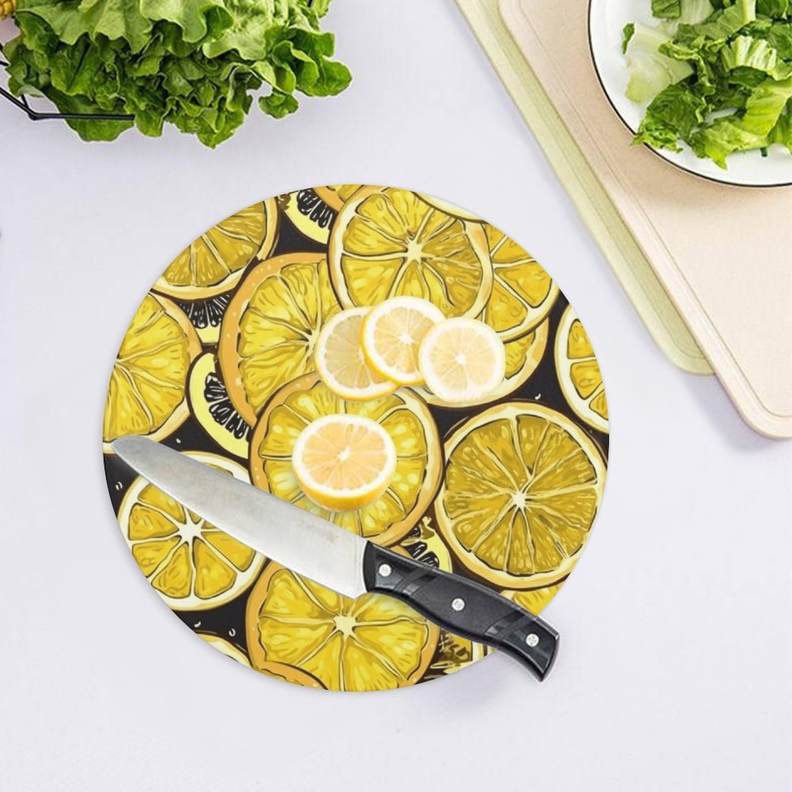 Tagliere rotondo per carta da parati a fette di limone, facile da pulire, taglieri per cucina di grandi dimensioni 7,9, taglieri essenziali per la cucina, comodo per carne e verdure