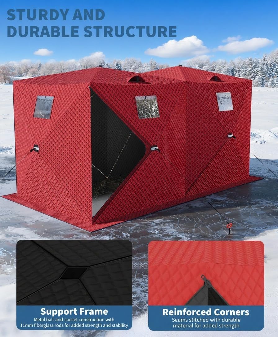 Pop-Up Ice Fishing Tent, 6-8 Person Portable Hub-Style Insulated Ice Fishing Shelter with Carrying Bag, Zippered Door, Wind Rope & Anchors, for Winter Ice Fishing