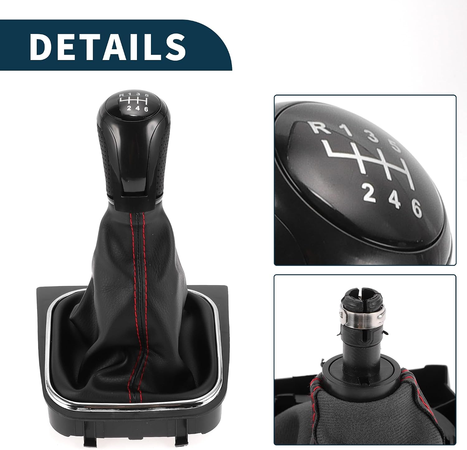6 Speed Manual Gear Shifter Knob with Cover for VW Eos No.1K0711113CG | Front Gearbox Stick Shifter Lever Knob Black Red Plastic Faux Leather 1 Pcs