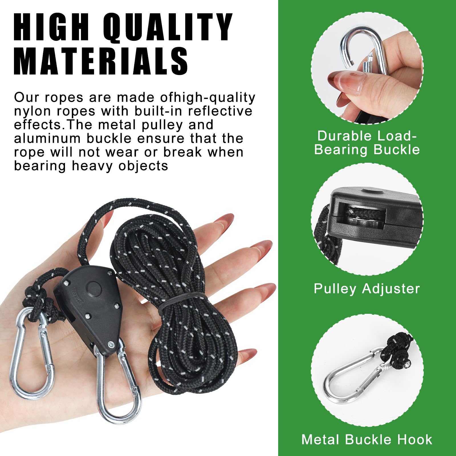 8 ganchos de trinquete, cuerdas tensoras de 4 m con tensor de cuerda, carraca resistente de 1/8 pulgadas para plantas, ventilador, luz, plantas de interior (negro)