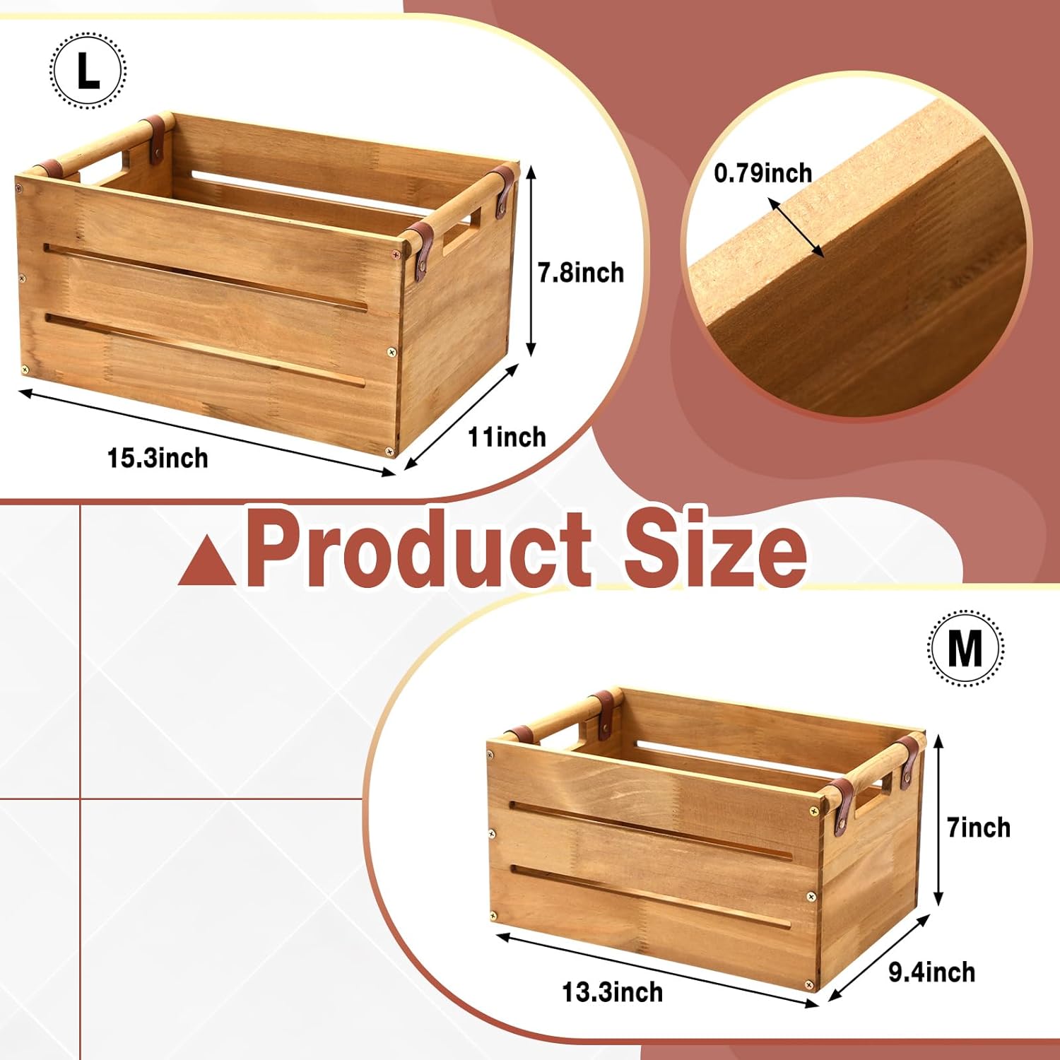 Chunful Set of 2 Rustic Wooden Crate Large Farmhouse Wood Storage Container Boxes with Cutout Handles 15.3 x 11x 7.8 and 13.3 x 9.4 x 7 Inch Vintage Decorative Crate for Display Home Decor