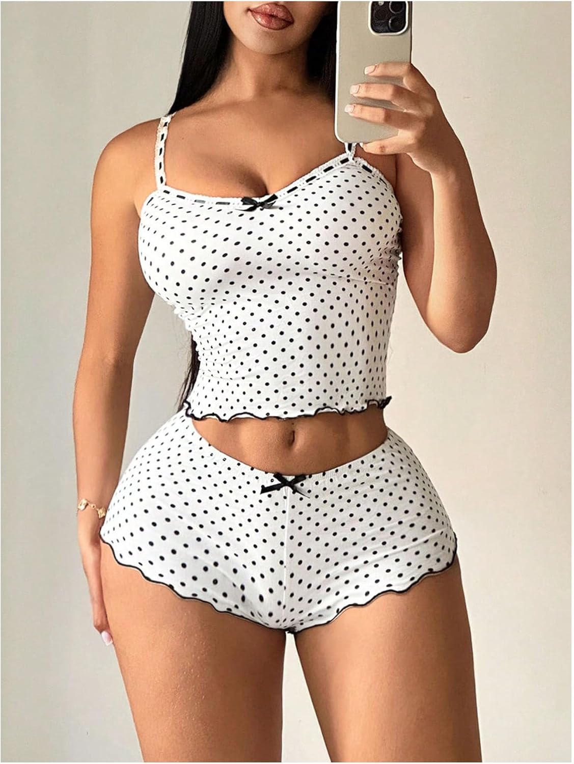 Women's 2 Piece Polka Dots Pajama Set Summer Bow V Neck Crop Cami top and Mini Shorts Loungewear - Image 4