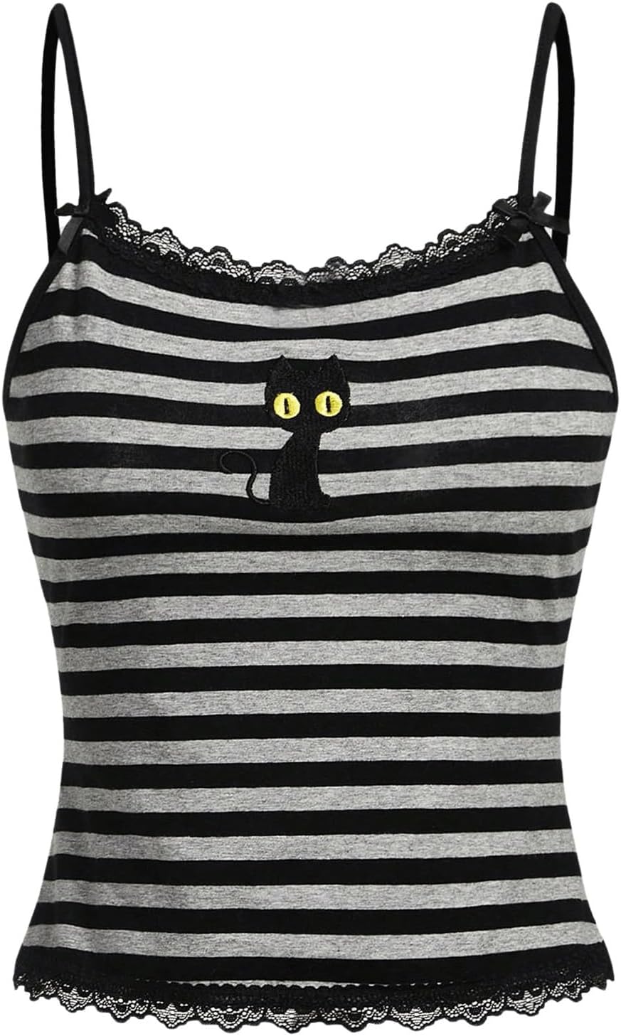 Floerns Women's Sleeveless Cat Embroidery Striped Scoop Neck Contrast Lace Cami Tops