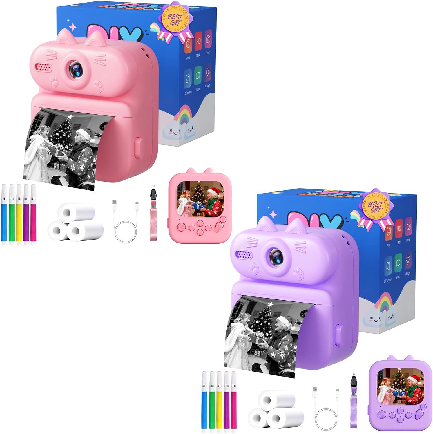 Kids Camera Instant Print: Gleeglee 1080P Instant Print Camera for Kids - Christmas Birthday Gifts for Girls Boys - Portable Toy for 3 4 5 6 7 8 9 10 Years Old, Pink Cat & Purple Cat