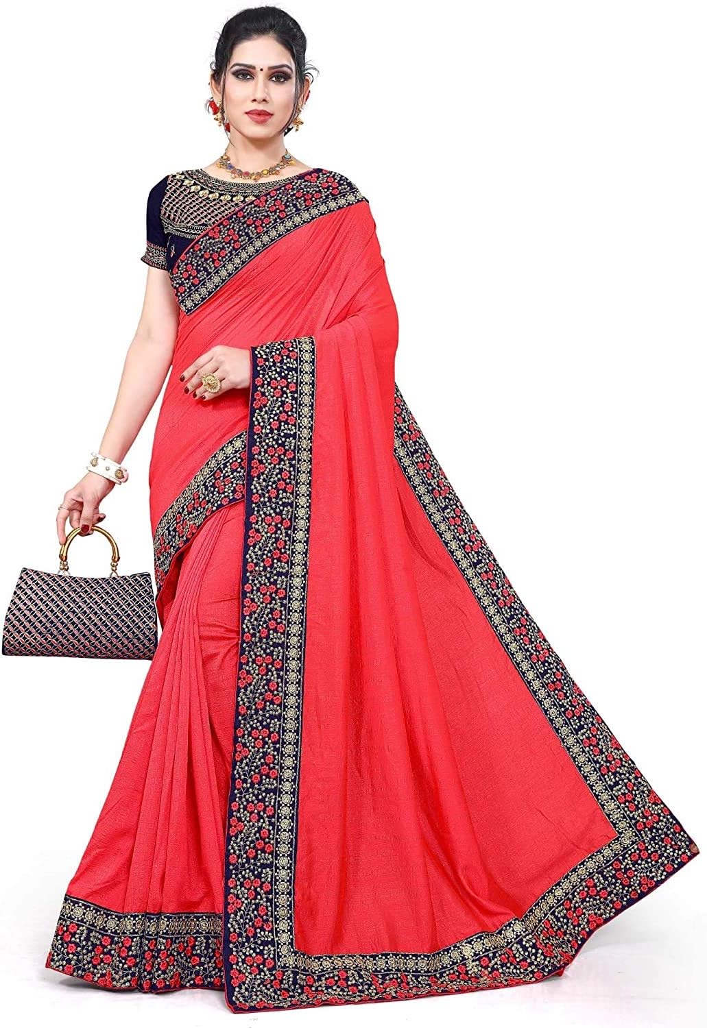QUEEN ELLIE Women's Rama Color Embroidered Bollywood Vichitra Saree