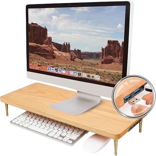 CRAFT KITTIES Soporte elevador de madera con puertos USB, soporte de computadora con ranura para tablet y teléfono celular con gran almacenamiento,
