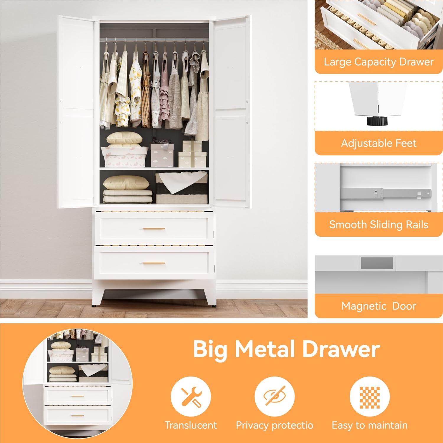 White Metal Wardrobe Cabinet, 71" Tall Freestanding Farmhouse Armoire with 2 Drawers and Shelf for Hanging Clothes, Rustic Geometric Barn Doors Design Storage Cabinets for Bedroom Home Office