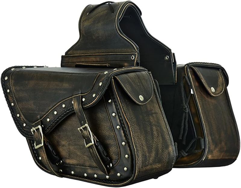 Dream Apparel Bolsas para sillín de motocicleta de piel de vacuno desnuda con tachuelas, alforjas laterales para motocicleta Honda Shadow Sportster Softail Dyna V-star (marrón envejecido, con tachuelas)