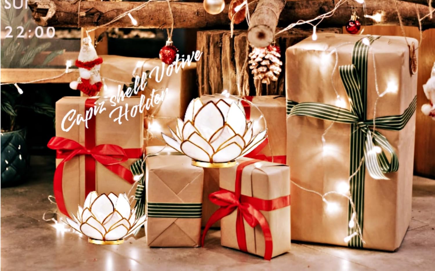 Contrast Natural White Capiz Shell Opening Lotus Flower Bulb Tealight Candle Holder, Tan, One Size