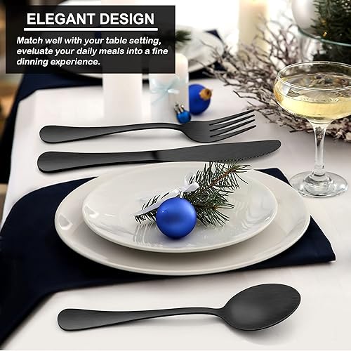 Miniatura 5 de LIANYU Juego de cubiertos negros mate de 16 piezas, 8 tenedores y 8 cucharaditas, cubiertos negros de acero inoxidable para el hogar, cocina, hotel,