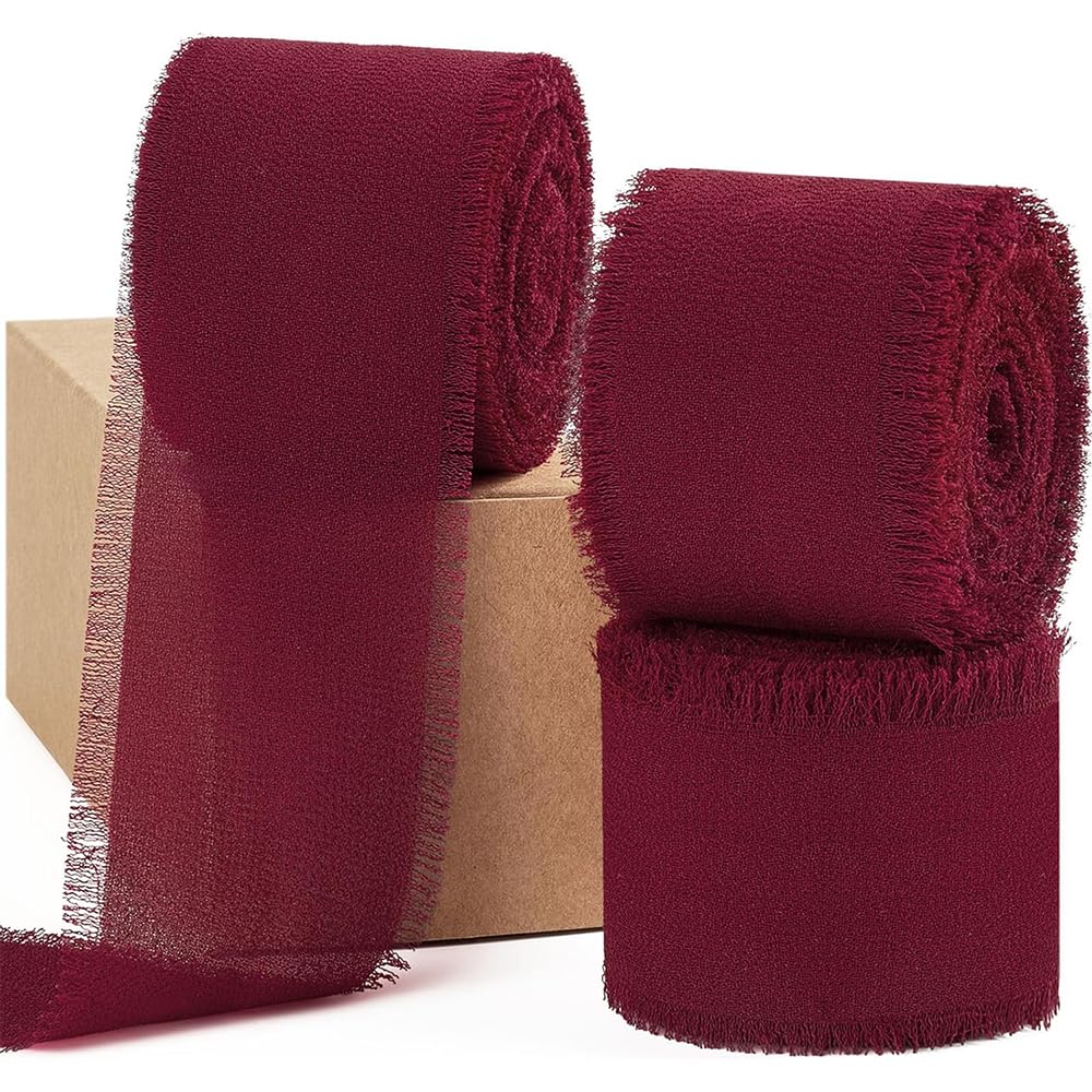 Chiffon Ribbon Green & Burgundy 1.5 Inch Width 3 Rolls 16.5 Yards Total Fringe Edge for Gift Wrapping and Wedding Decorations (Burgundy)