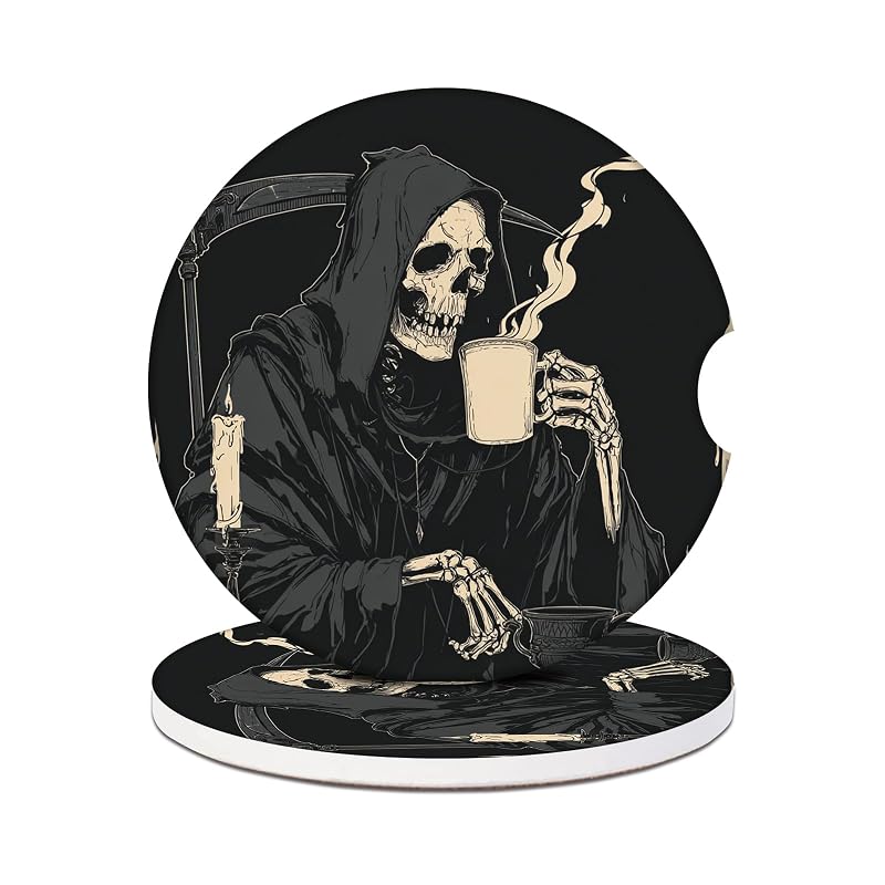 Porta-Copos Automotivo de Cerâmica com Absorção e Estampa Skeleton Coffee PUIBUN, Kit com 2 Unidades