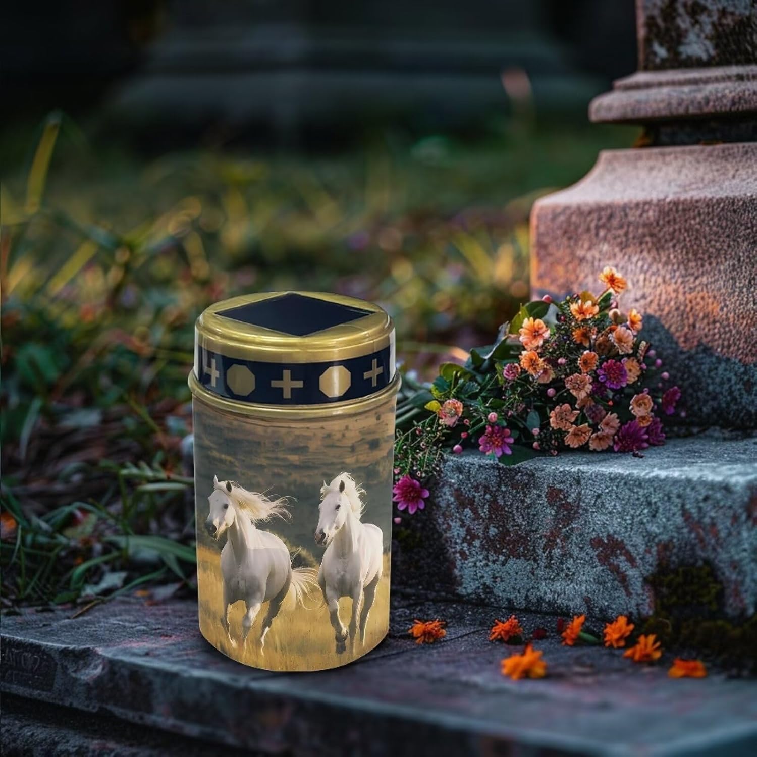 Poceacles Solar Lights Waterproof Outdoor Solar Candle Cemetery Grave Decorations Fake Flameless Candles Outdoor Solar Lights Solar Lamp for Cemetery Lawn Yard, White Horse, Pack of 4