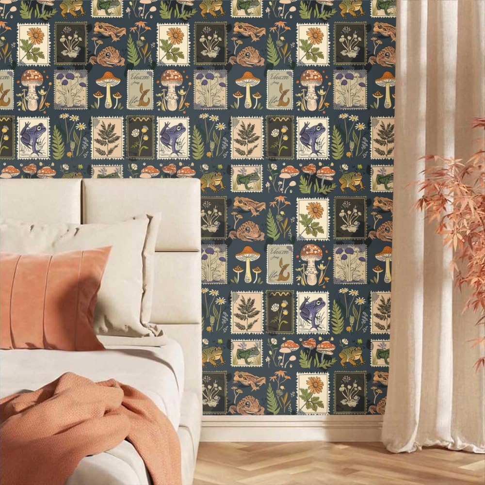 18"x236" Exotic Dark Blue Multicolored Plaid Herb Frog Peel and Stick Self Adhesive Wallpaper Removable Contact Paper Stick on Easy Peel Off Wall Paper for Kitchen Bedroom Bathroom