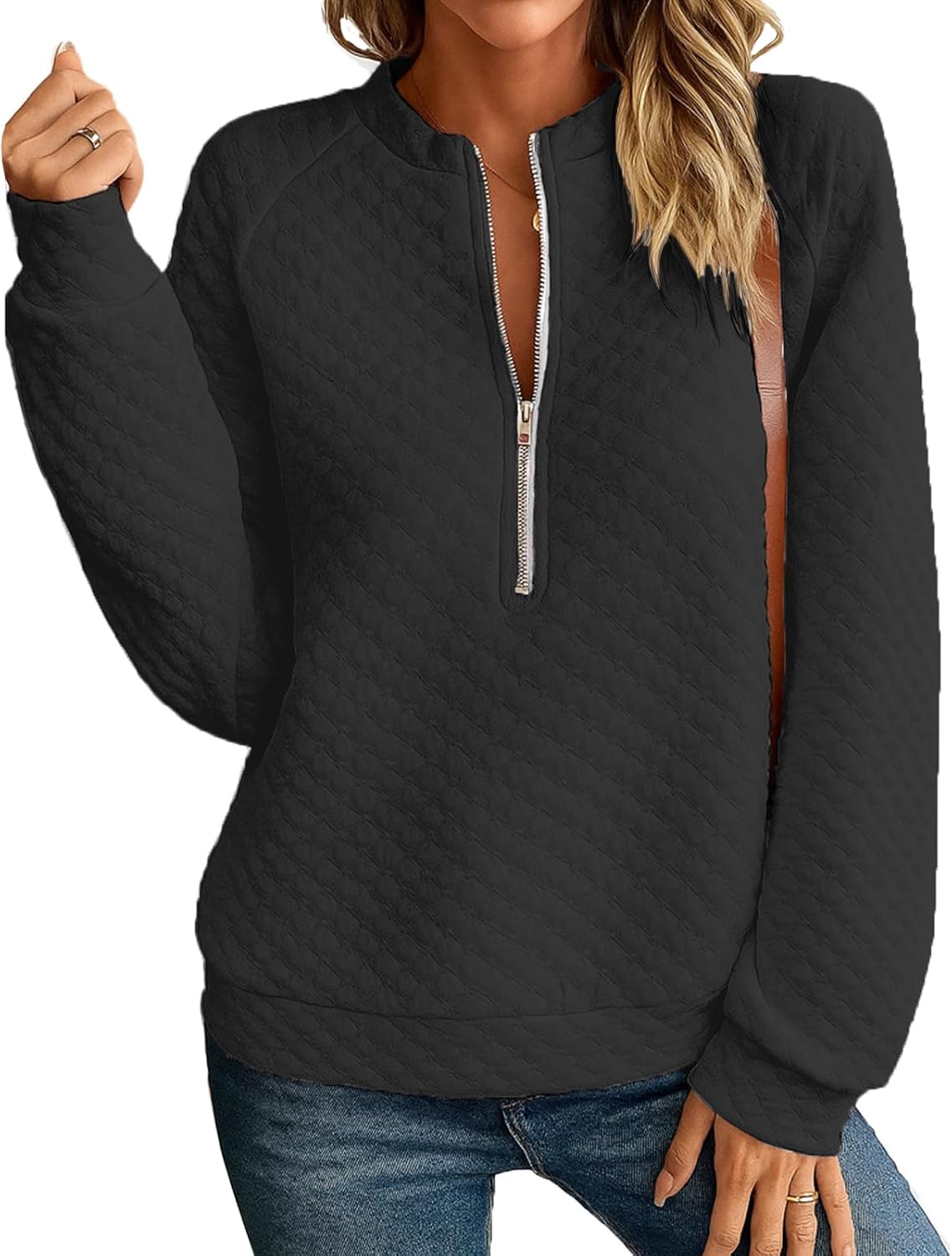 Womens Half Zip Up Quilted Sweatshirt Lightweight Stand Collar Long Sleeve Shirt Top Loose Trendy Textured Pullover Tops