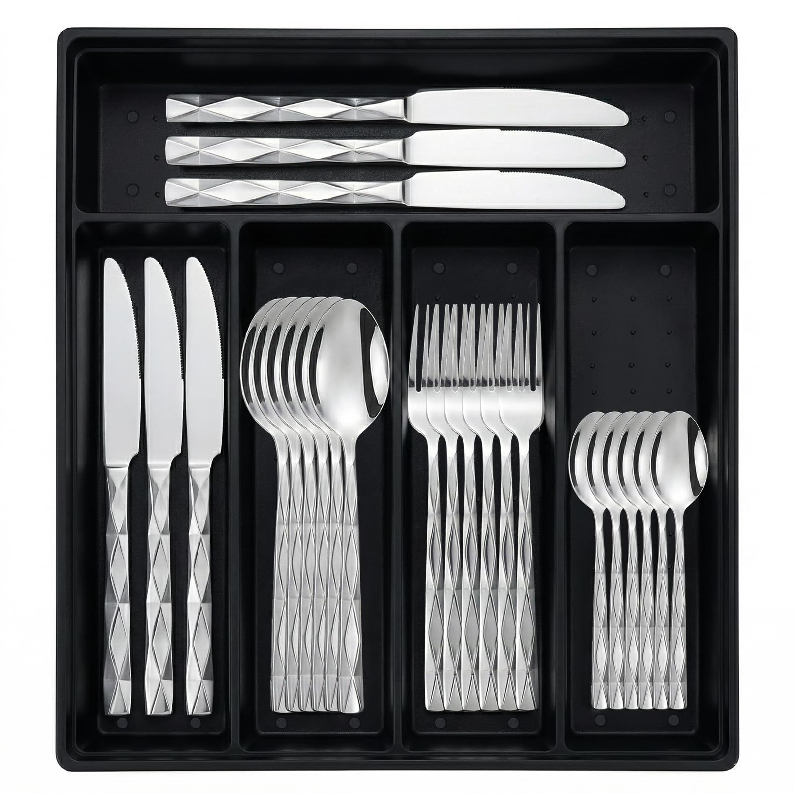 24-Piece Flatware Set with Organizer,Heavy Duty Stainless Steel Silverware for 6,Cutlery Utensil Sets with Antiskid Handle，Rust-Proof Stainless Steel Cutlery, Mirror Polished (Silver Diamond)