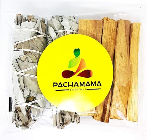 Kit de mancha orgánica de salvia blanca de California (Salvia Apiana) y Palo Santo (madera de acebo) (2 paquetes de salvia blanca de 4 a 5 pulgadas