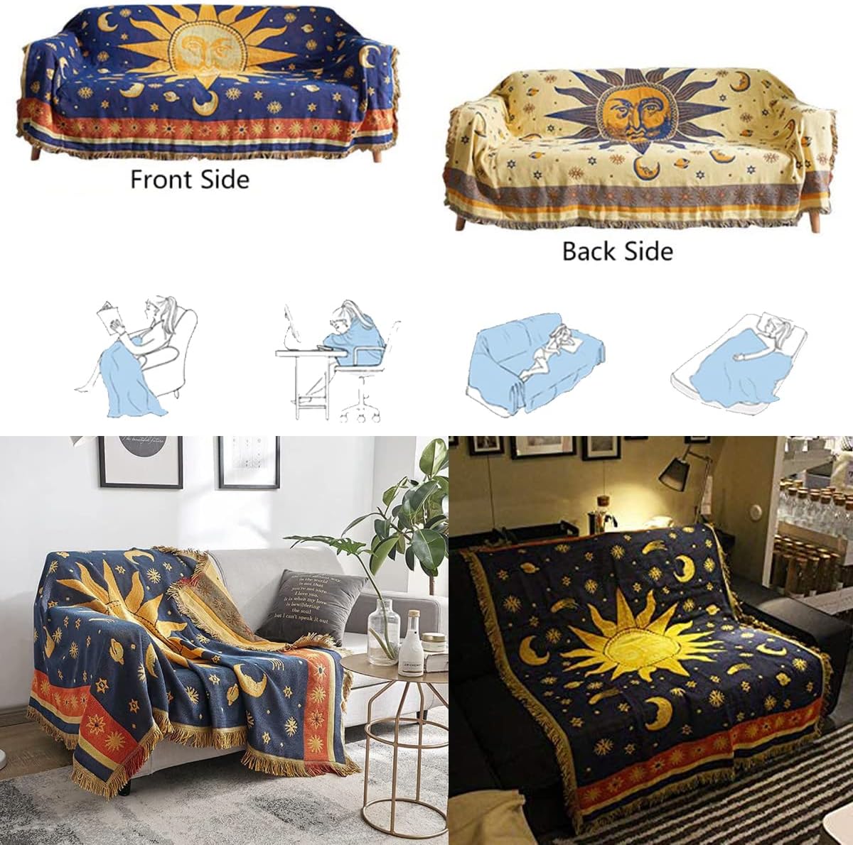Hippie Throw Blanket Sun Moon Stars Boho Throw Blankets Celestial Tapestry Double-Sided Reversible Woven Cotton Home Decor Bedding Chair Couch Recliner Cover Oversized Tassels Astrology 50"x70"