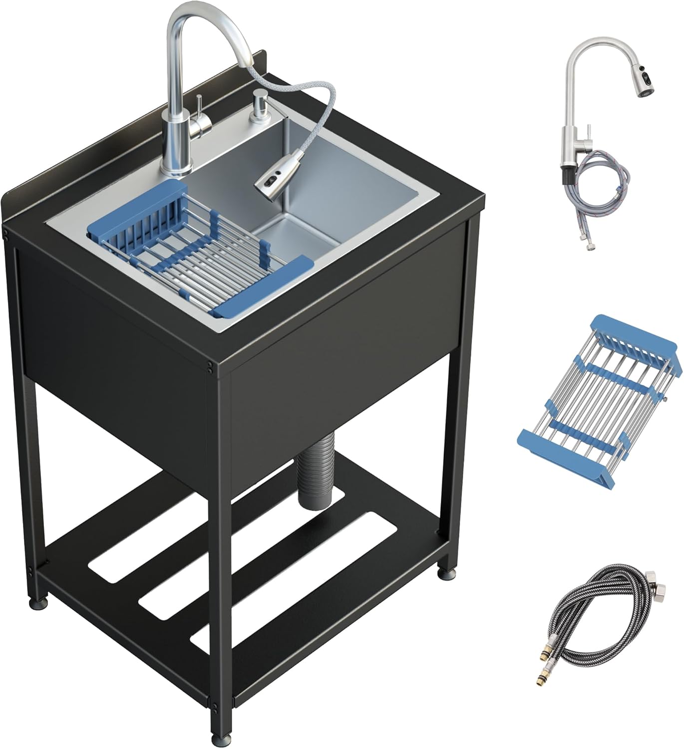 25.7inch Stainless Steel Utility Sink, Commercial Kitchen Single Bowl Sink with Cold and Hot Water Faucet,Hoses and Drain Kit for Laundry Room, Basement, Outdoor and Indoor