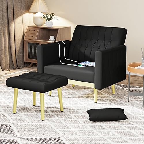 Miniatura 7 de STHOUYN Velvet Modern - Juego de silla decorativa y otomana con 2 puertos USB, cómoda silla de lectura negra, sillas de sala de estar, silla
