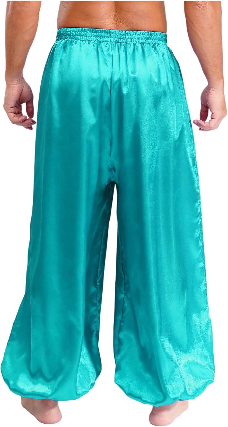 Men's Belly Dance Pants Satin Bloomers Elastic Waistband Pull-on Trousers Tribal Harem Pants