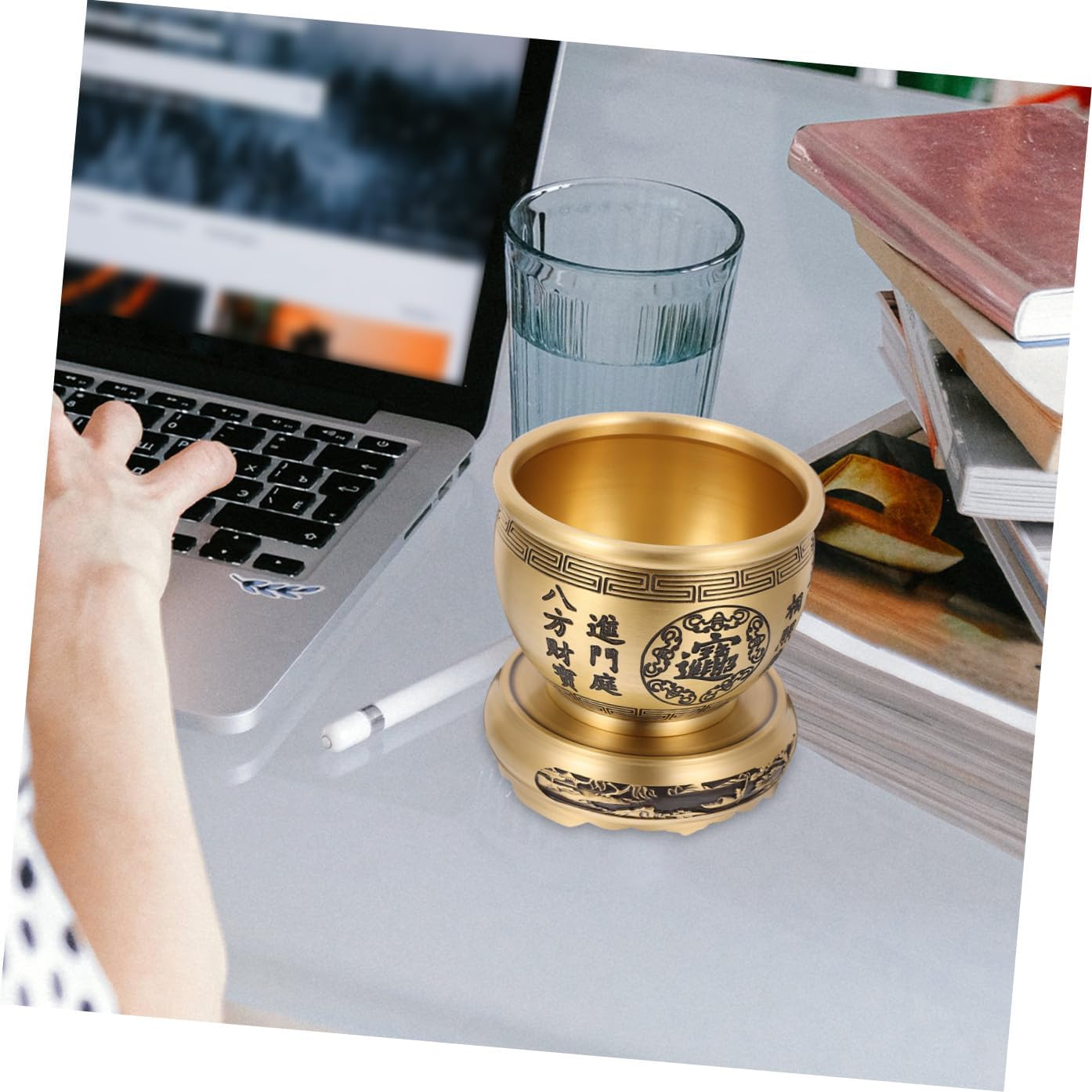 Chinese Feng Shui Brass Wealth Bowl with Base 9.5cm Prosperity Treasure Basin Home Office Decorative Storage Container for Good Fortune