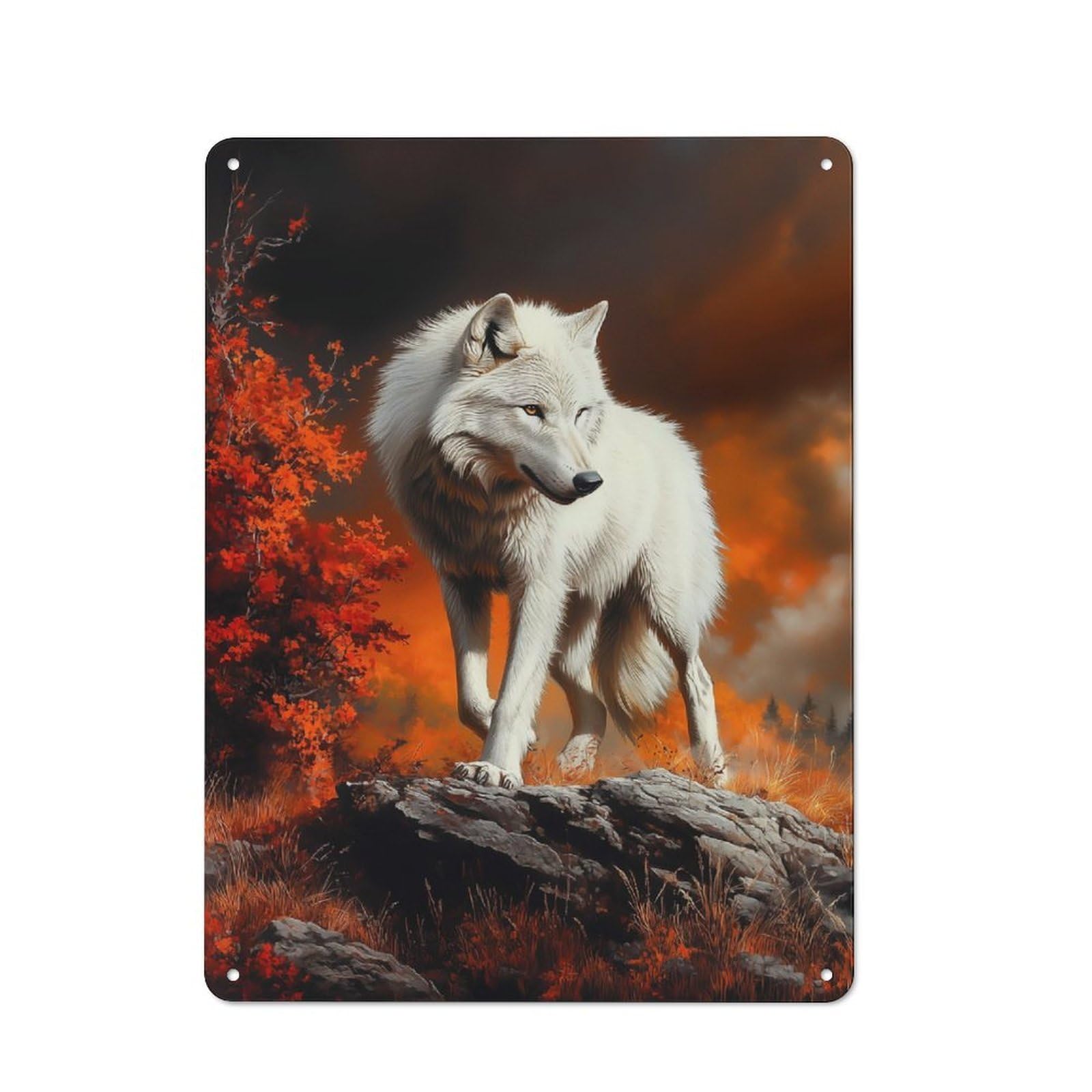 Junmoney Style-13 Industrial Metal Sign With White Wolf In Autumn Landscape Design 40X30cm, Clean Industrial Urban Room Decor For Flat, Bar, Studio Or Gallery Wall