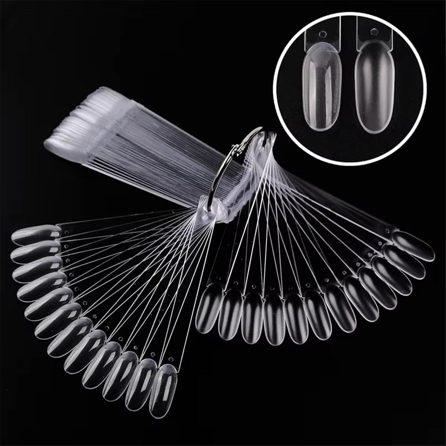 50pcs Oval False Nail Tips Fan Nail Art Color Chart Display with Metal Ring for Gel Polish Practice (Transparent)