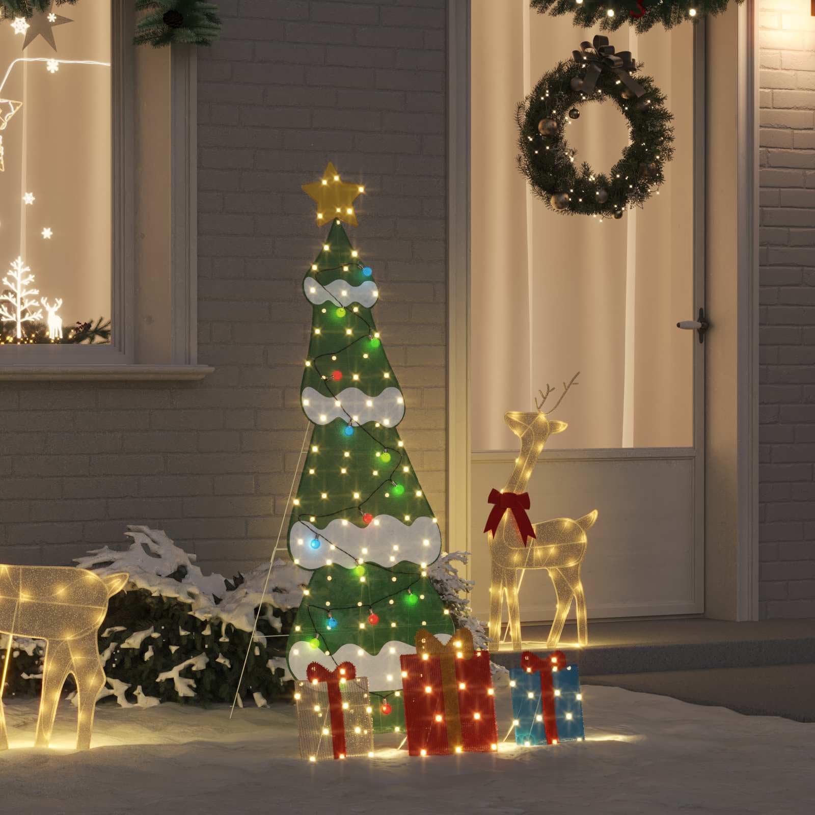 Podświetlana choinka z 3 pudełkami prezentowymi, ozdoba choinkowa 2D ze stali i materiału lametowego, 180 diod LED, ciepła biel, USB, do wewnątrz i na zewnątrz, 50 x 31,5 x 150 cm, z gwiazdą