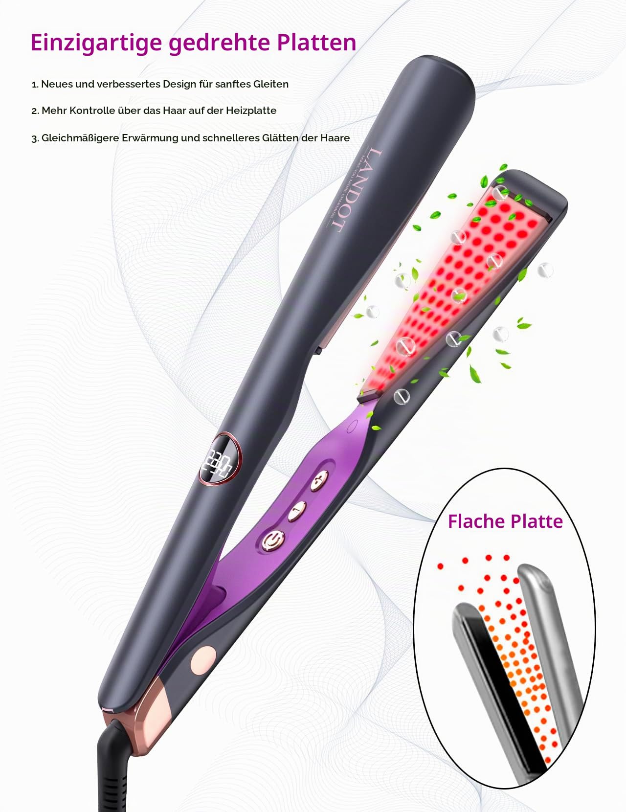 LANDOT 2-in-1 Lockenstab & Glätteisen, 120-230°C, für Wellen & Glätten | Geschwungene Platten für Locken und glattes Haar, Schnelle Aufheizung, schonende Keramikbeschichtung. für alle Haartypen