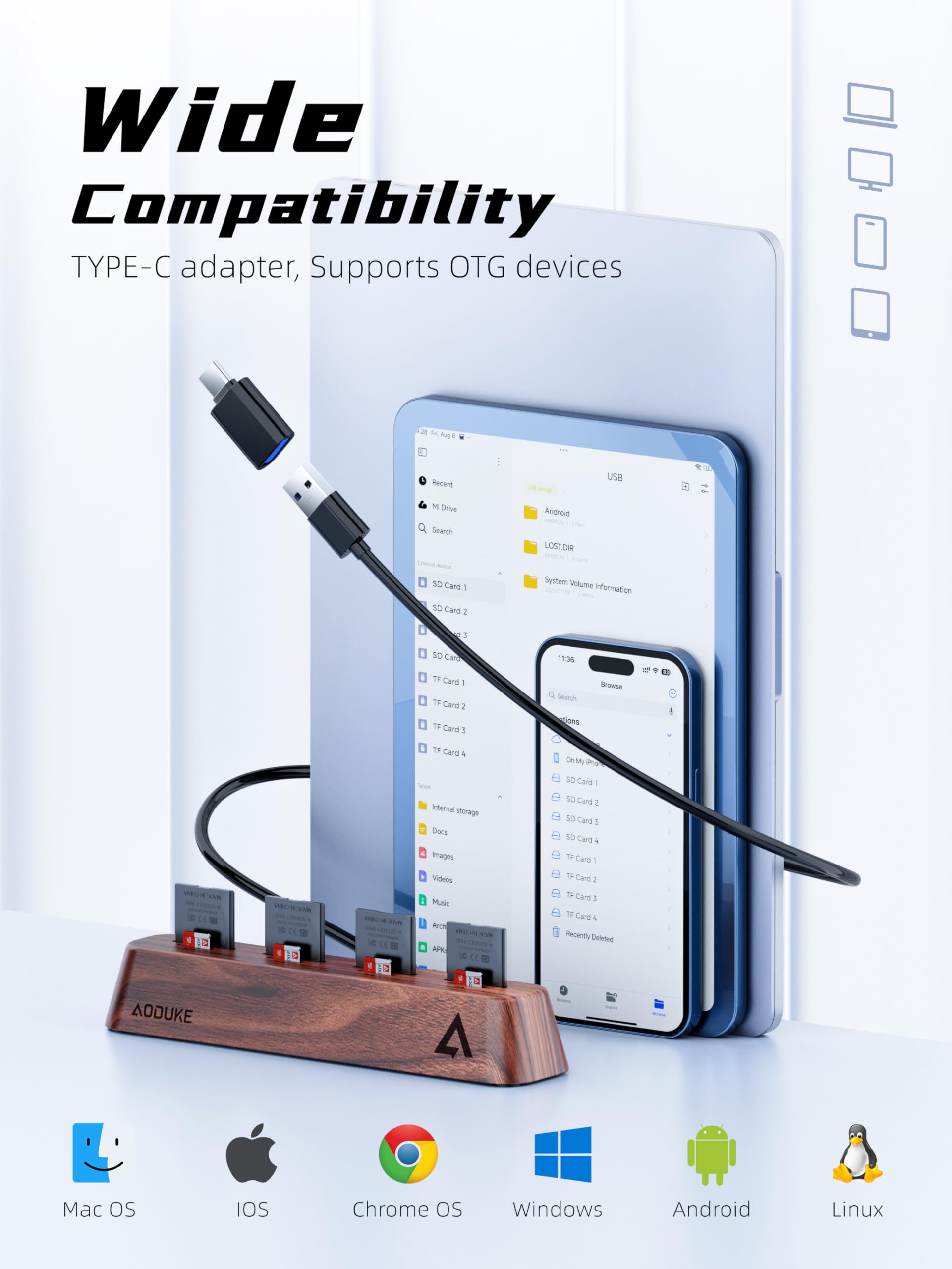 Lettore di schede SD USB 3.0 a 8 porte, design in legno di noce, dati da 5 Gbps, supporto simultaneo per schede Micro SD/TF3.0 e SD3.0, lettura e scrittura (compatibile UHS-I/II Card) AST43M
