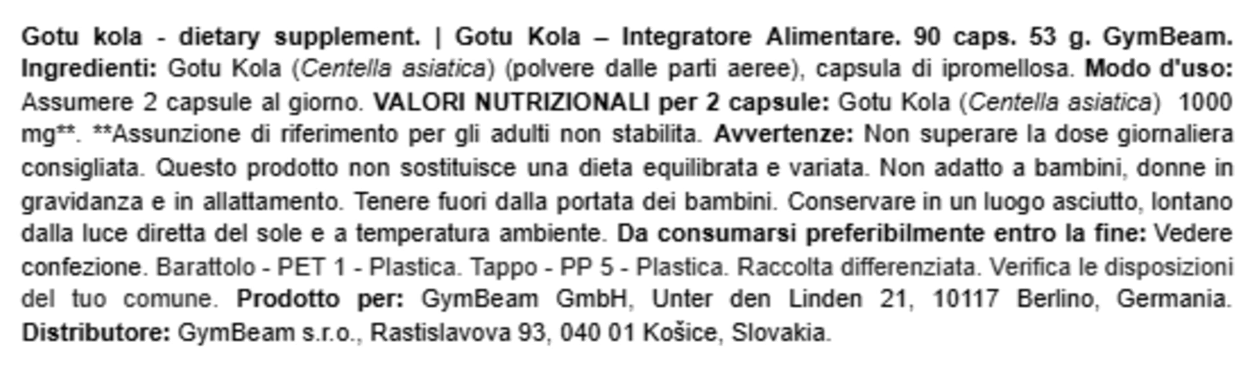 GymBeam Gotu Kola - Centella Asiatica - Integratore Alimentare per Memoria e Concentrazione - Estratto di Centella Indiana per Funzioni Cerebrali - Supporto Nootropico Ayurvedico, 90 cps