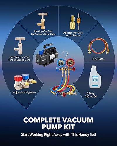 Miniatura 6 de Bomba de vacío de CA de 3.5CFM y juego de manómetro de 3 vías, kit de manómetro de bomba de vacío de aire HVAC de 110 V 14 hp con 3 mangueras